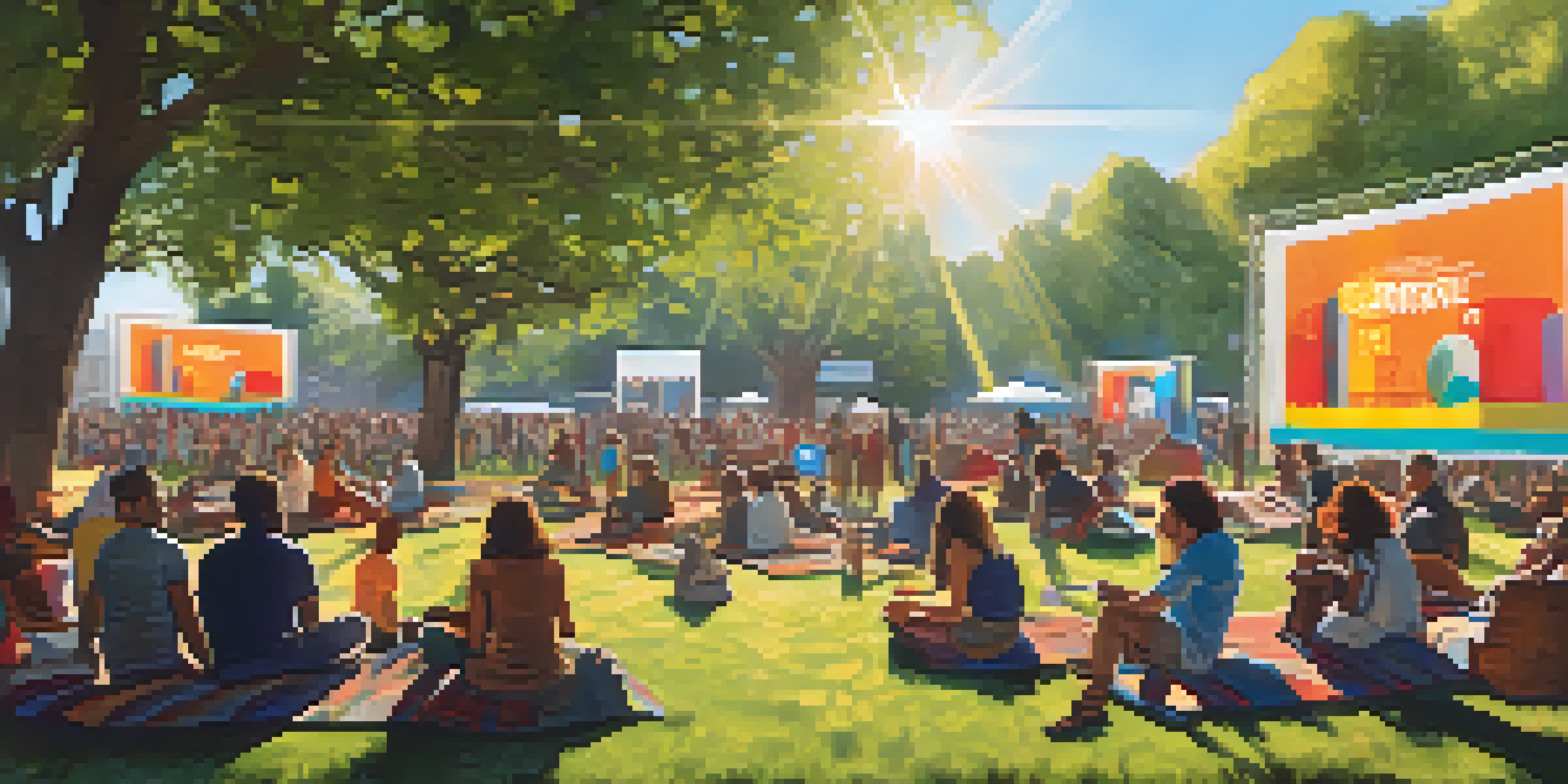 A diverse group of festival attendees engaged in conversation at a film festival, with colorful banners and a projector screen in a sunny outdoor setting.