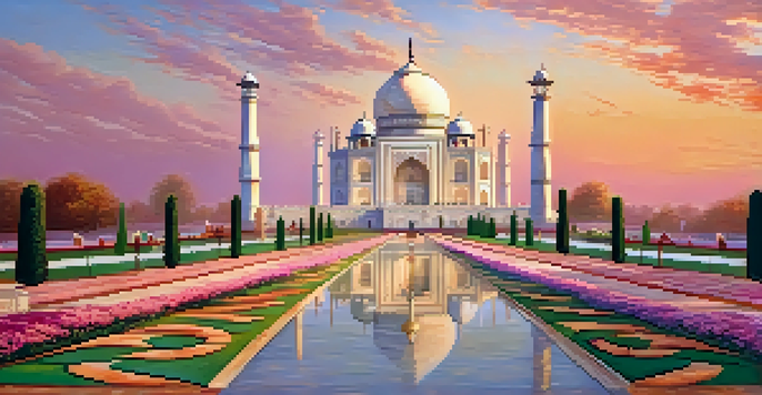 A sunset view of the Taj Mahal with colorful skies and blooming gardens in the foreground.