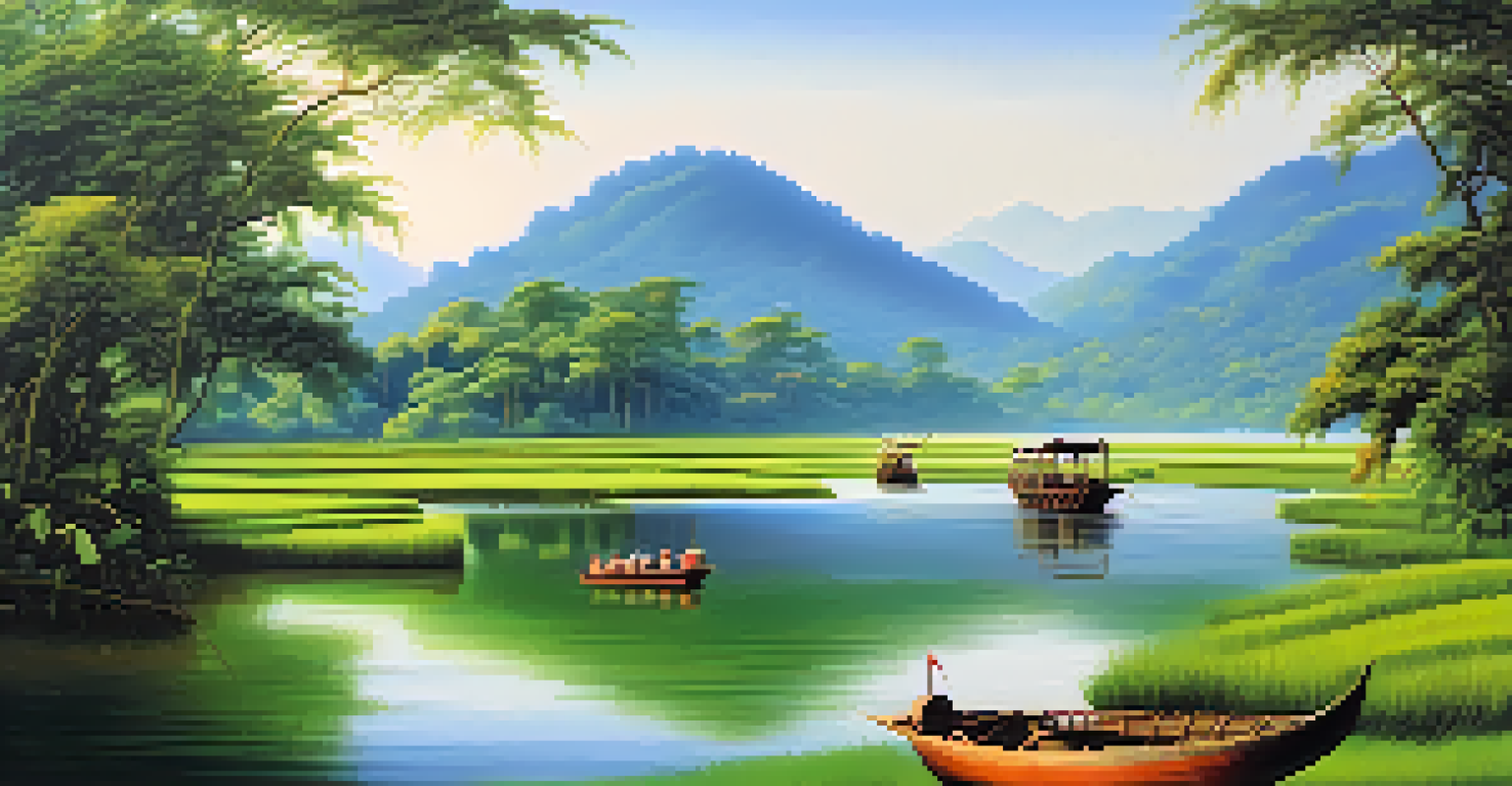 A scenic view of the Brahmaputra River surrounded by lush greenery, elephants, and traditional boats under a clear blue sky.