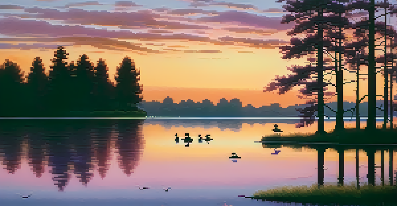A family of ducks gliding across a tranquil lake at sunset, with vibrant colors reflecting on the water.