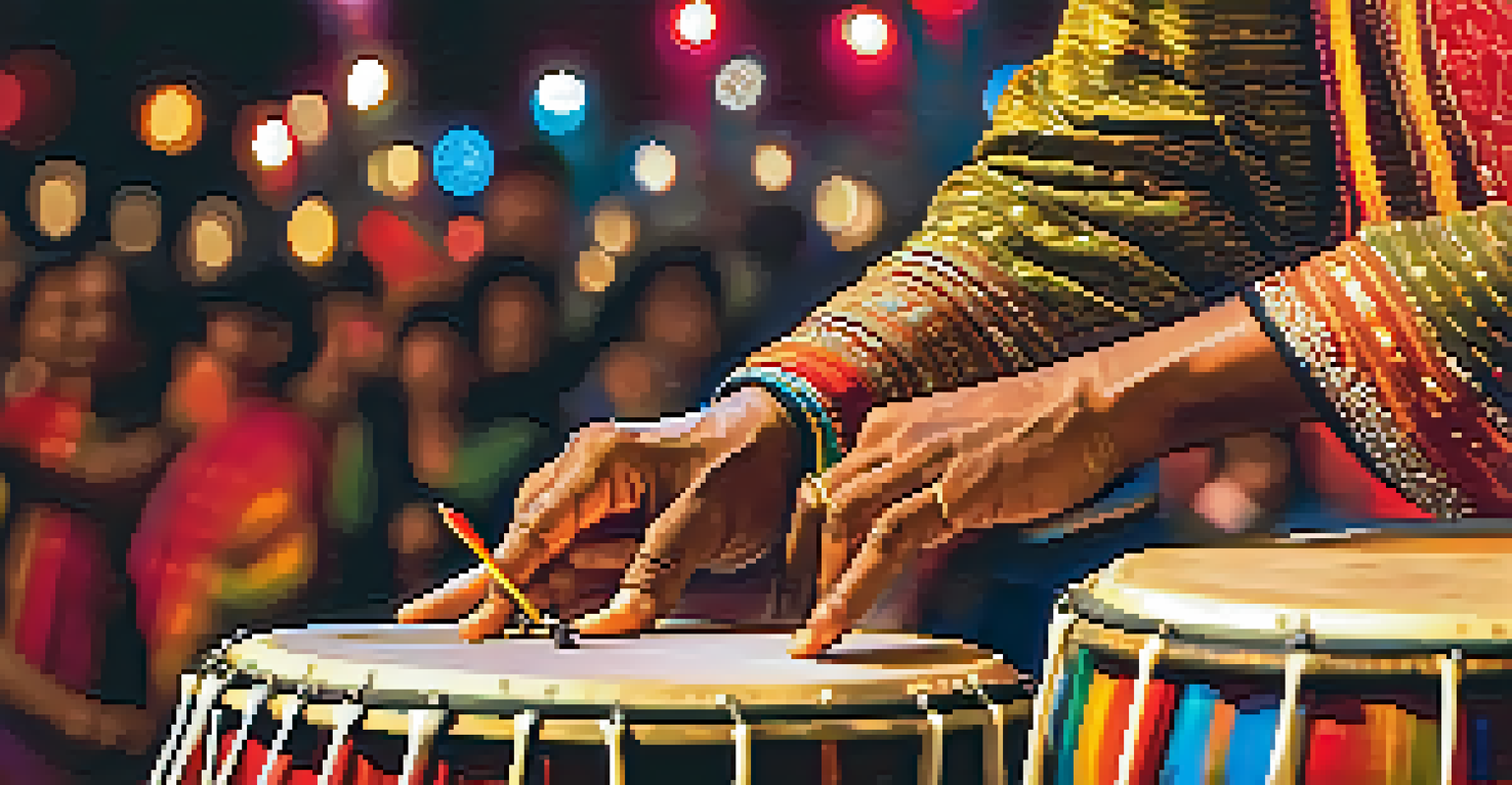 A close-up of a tabla instrument being played at a festival, with the musician's hands capturing the rhythm against a backdrop of colorful lights.
