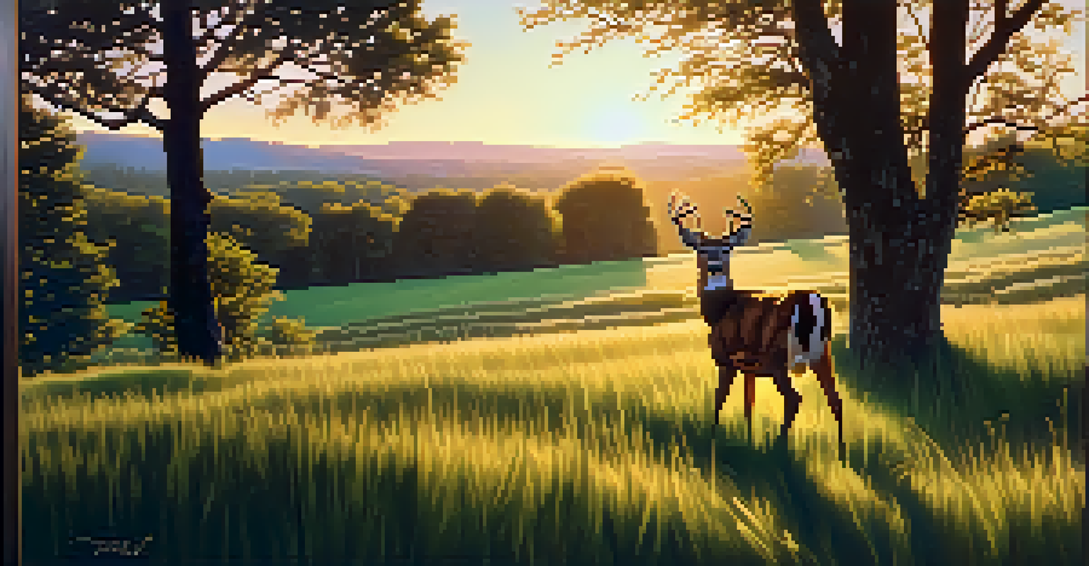 A deer grazing in a green meadow during sunset, with warm golden light creating a tranquil atmosphere.