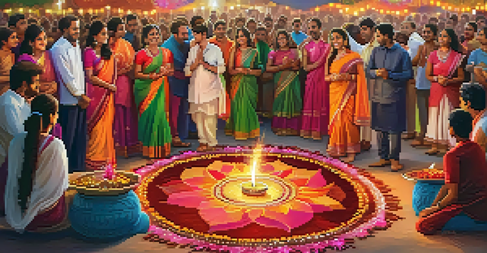 Families celebrating Diwali with colorful rangoli, illuminated diyas, and fireworks in the background.
