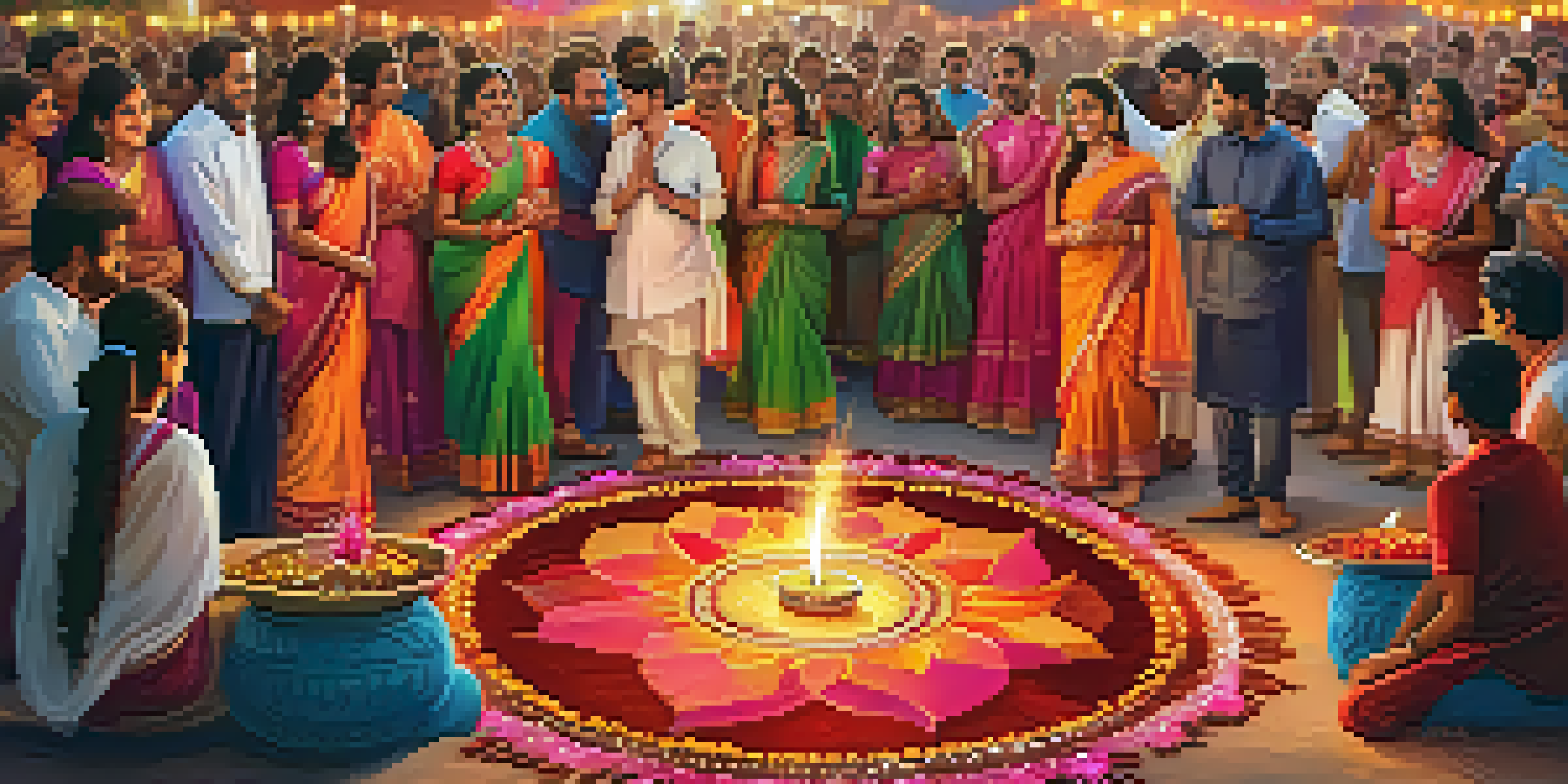 Families celebrating Diwali with colorful rangoli, illuminated diyas, and fireworks in the background.