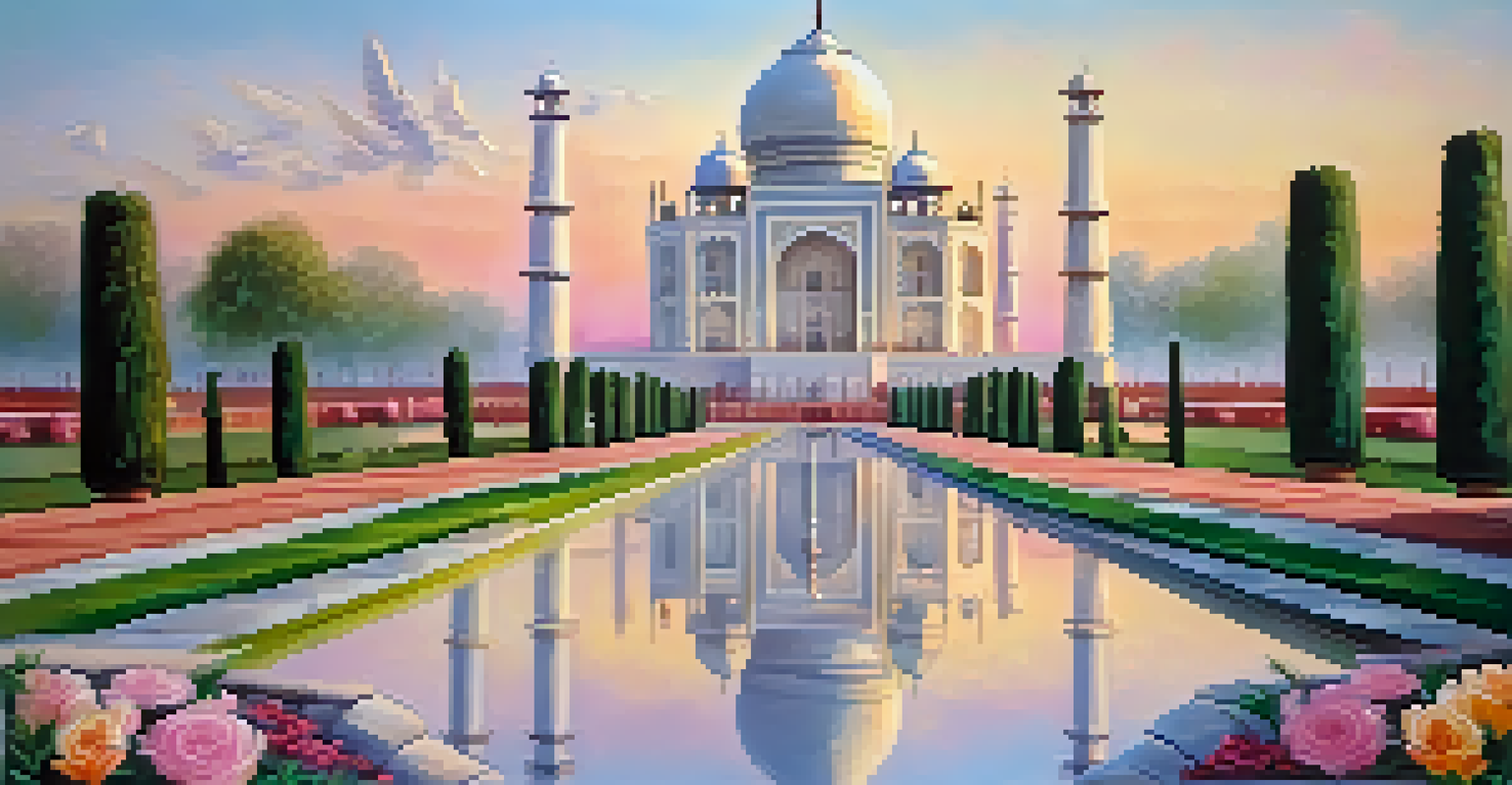 The Taj Mahal at sunrise, surrounded by lush gardens and a calm water reflection, with a pastel-colored sky.