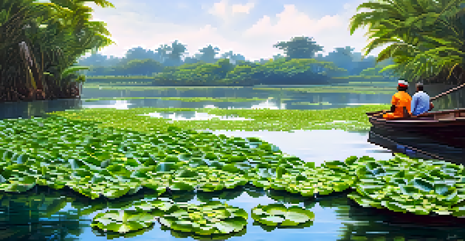 Colorful water hyacinths floating on the water in Kerala's backwaters, with a fisherman in the background.