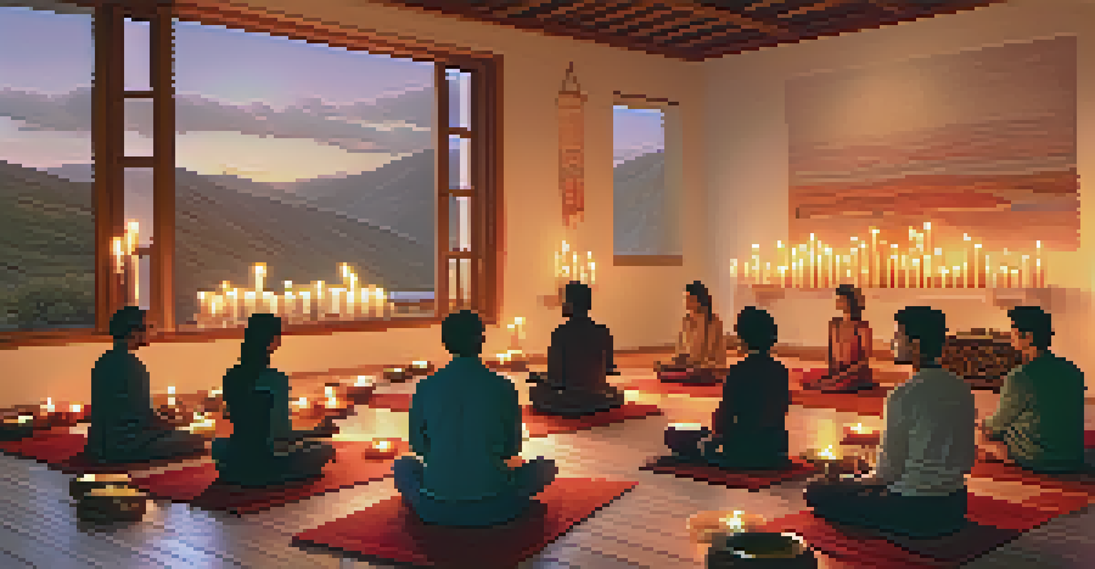 Participants relaxing during a sound healing session with singing bowls in a softly lit room.