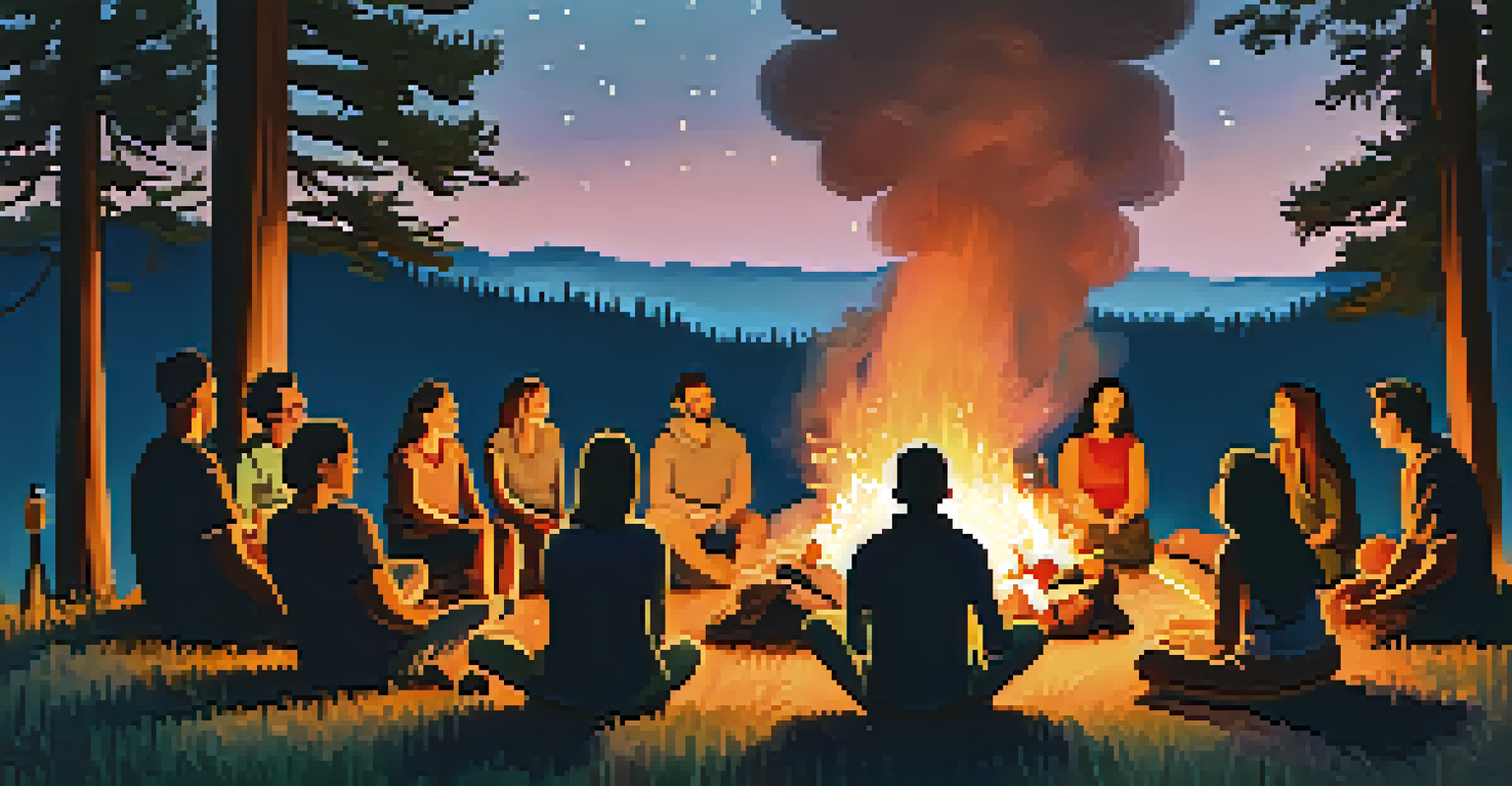 A group of individuals gathered around a campfire at twilight, sharing stories and laughter, with a starry sky and trees in the background, emphasizing community.