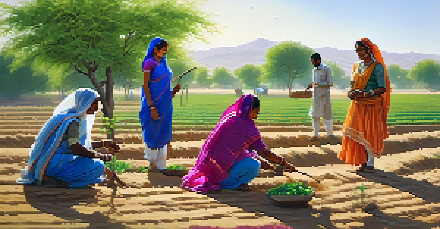 Local farmers in Rajasthan planting saplings together in a sunlit field, with traditional attire and instruments visible in the background.