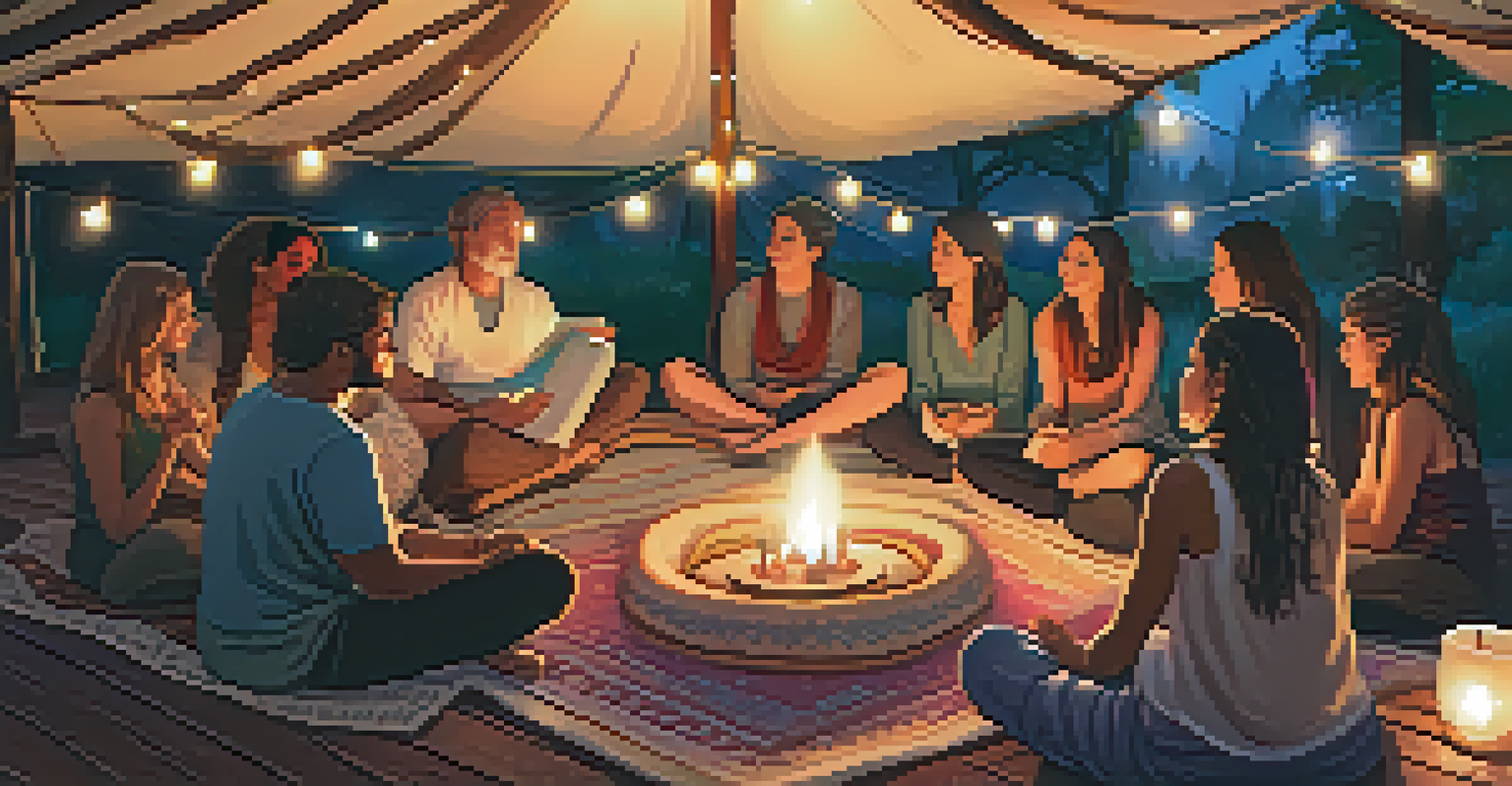 A circle of people sharing intentions in a cozy festival setting with soft lighting.