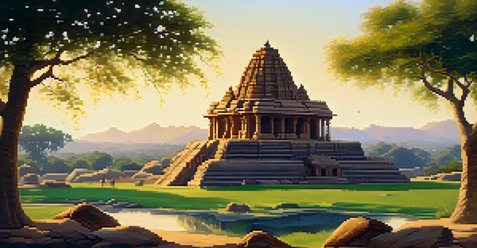 A view of the ancient ruins of Hampi with the intricate Virupaksha Temple and boulder hills, illuminated by golden sunlight.
