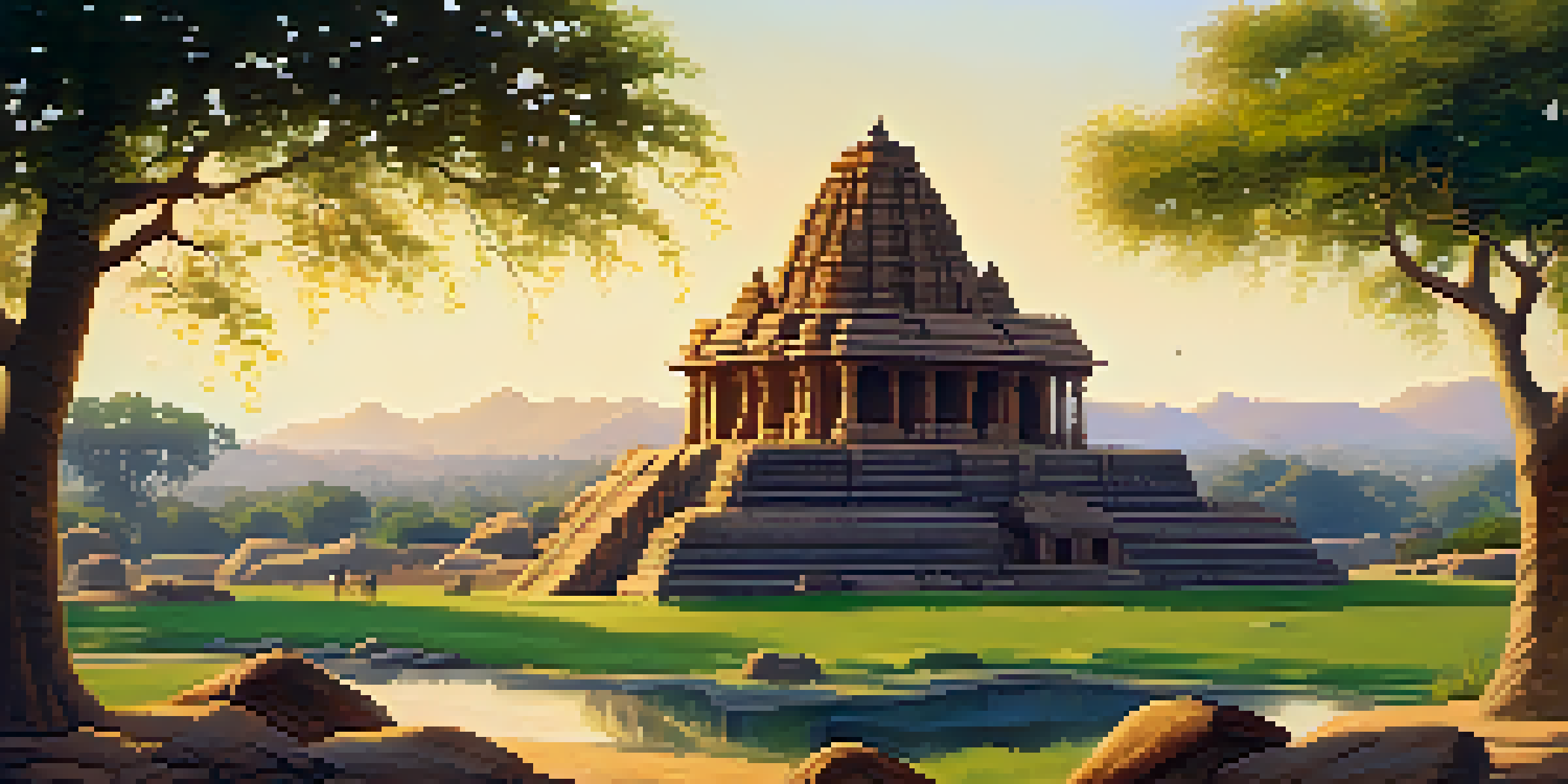 A view of the ancient ruins of Hampi with the intricate Virupaksha Temple and boulder hills, illuminated by golden sunlight.