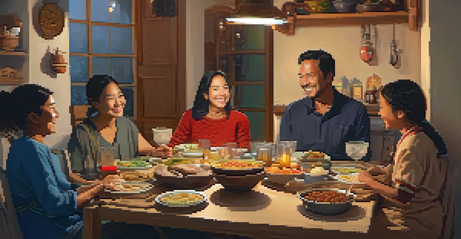 A volunteer sharing a meal with a local family in a cozy kitchen, surrounded by traditional dishes and local art.