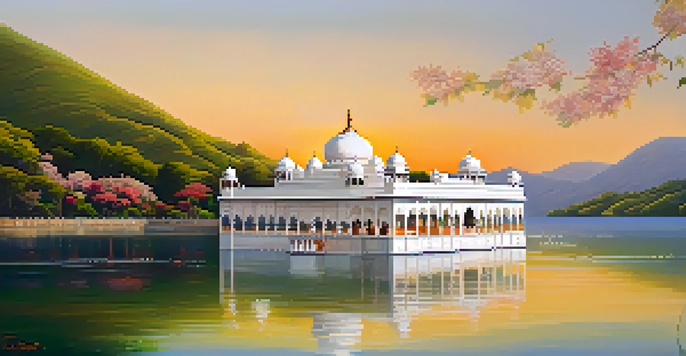 A picturesque scene of the Taj Lake Palace at sunset, reflecting in Lake Pichola, showcasing its white marble architecture and surrounding nature.