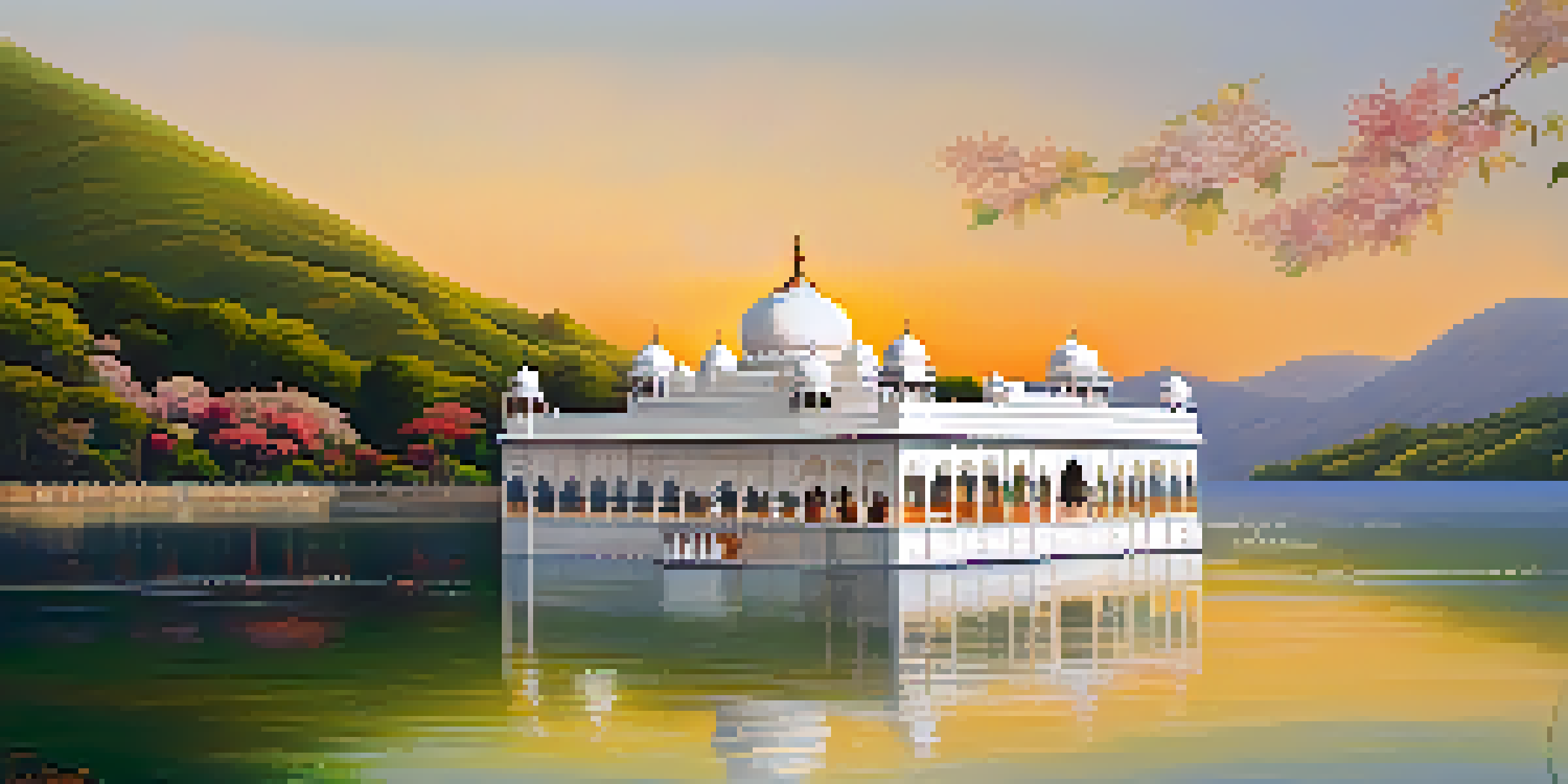 A picturesque scene of the Taj Lake Palace at sunset, reflecting in Lake Pichola, showcasing its white marble architecture and surrounding nature.