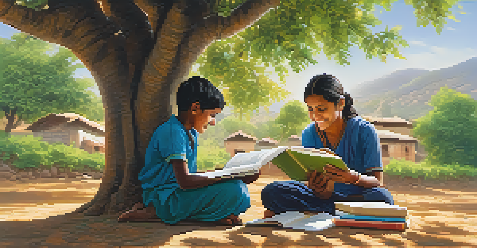 A volunteer reading with a local child under a tree in an Indian village, emphasizing education and community bonding.