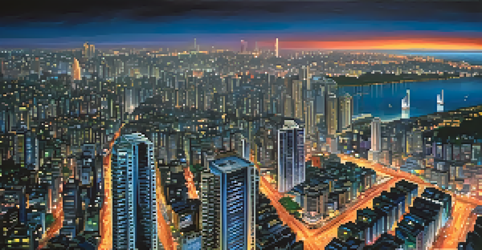 An aerial view of Mumbai's skyline at night, featuring illuminated skyscrapers and the vibrant energy of the city.