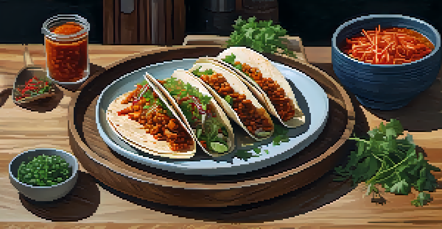 A fusion dish of a Korean taco garnished with cilantro and kimchi in a rustic kitchen setting.