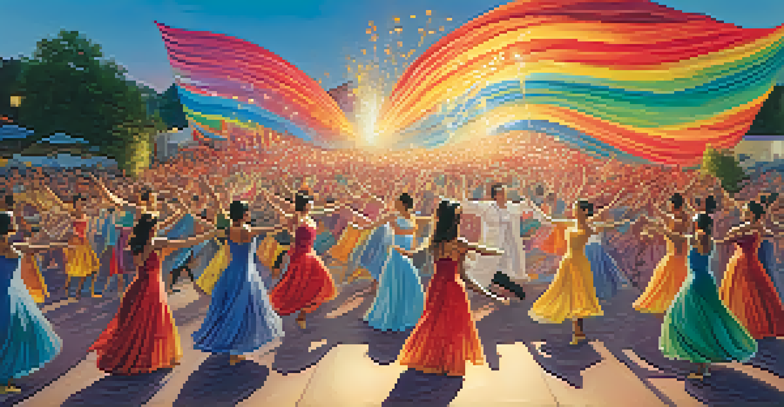 A dance performance at an art festival with dancers in colorful costumes and a captivated audience enjoying the show against artistic backdrops.