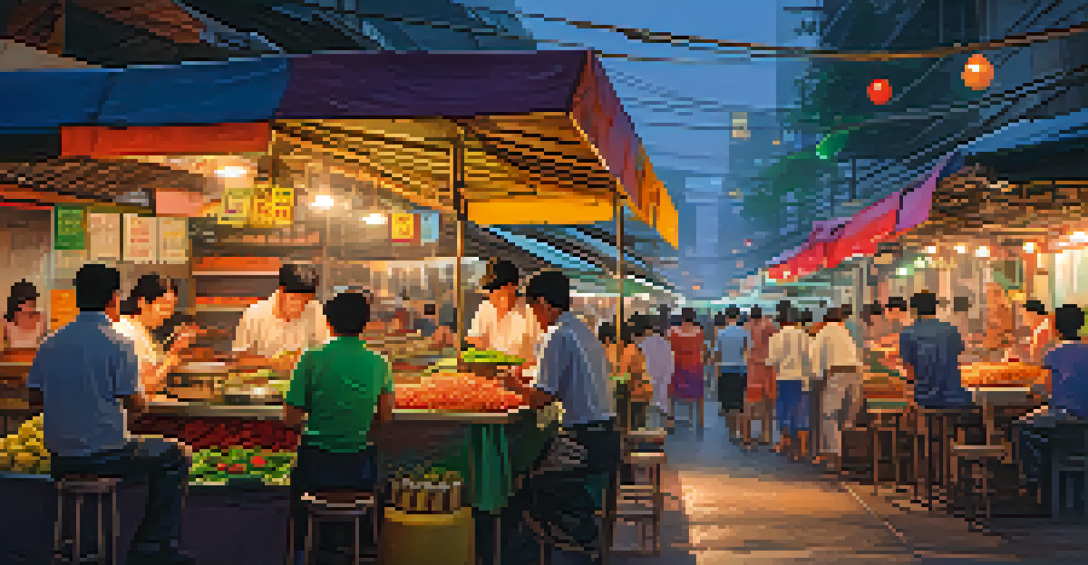A bustling street food market in Bangkok with glowing neon lights and delicious food stalls.