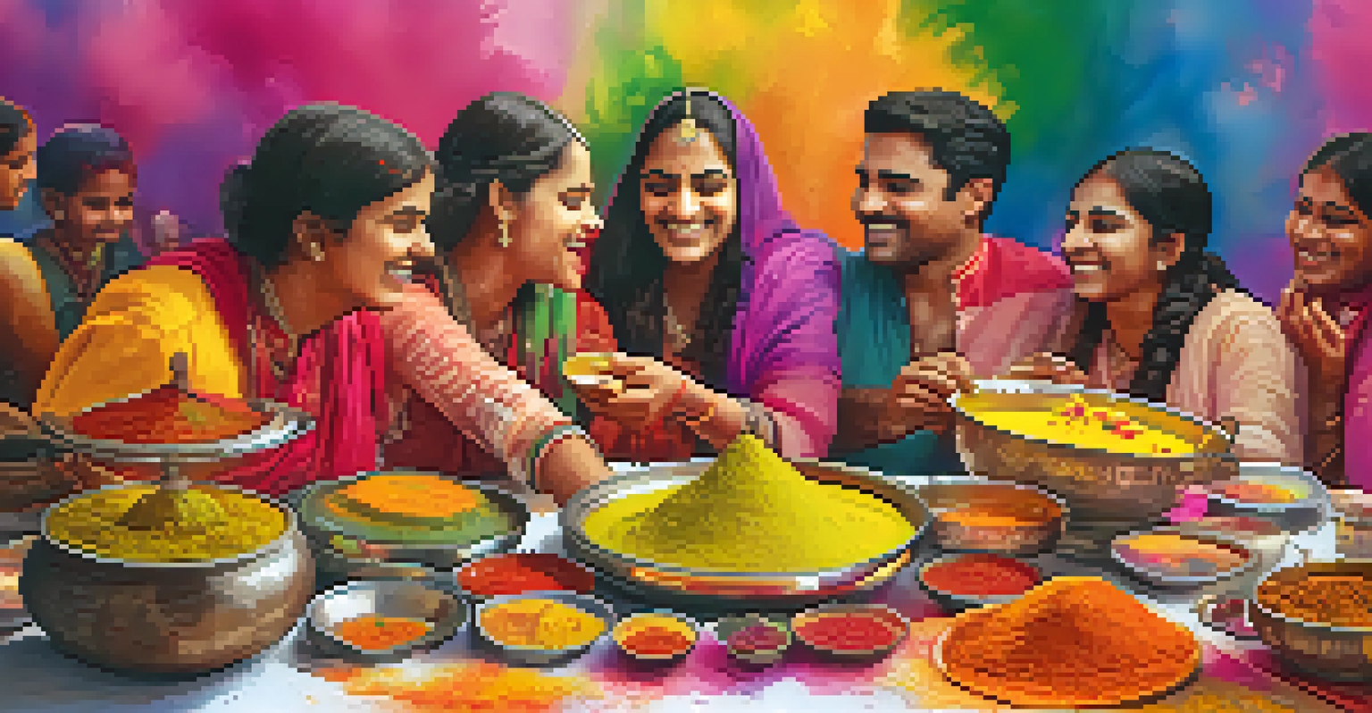 A festive table spread featuring traditional Holi dishes with colorful powders in the background, showcasing a joyful celebration.