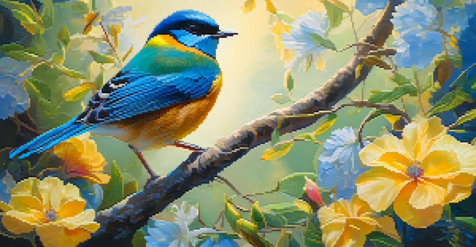 A colorful bird perched on a branch surrounded by vibrant flowers, illuminated by warm sunlight.