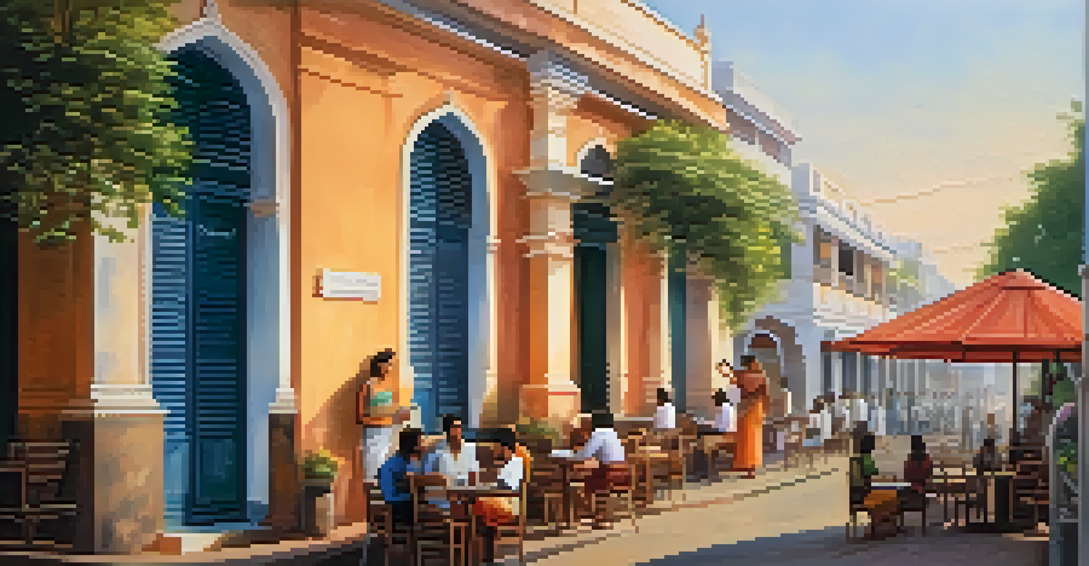 A charming street in Pondicherry with a café and bookshop, featuring Indian and French architectural styles during sunset.