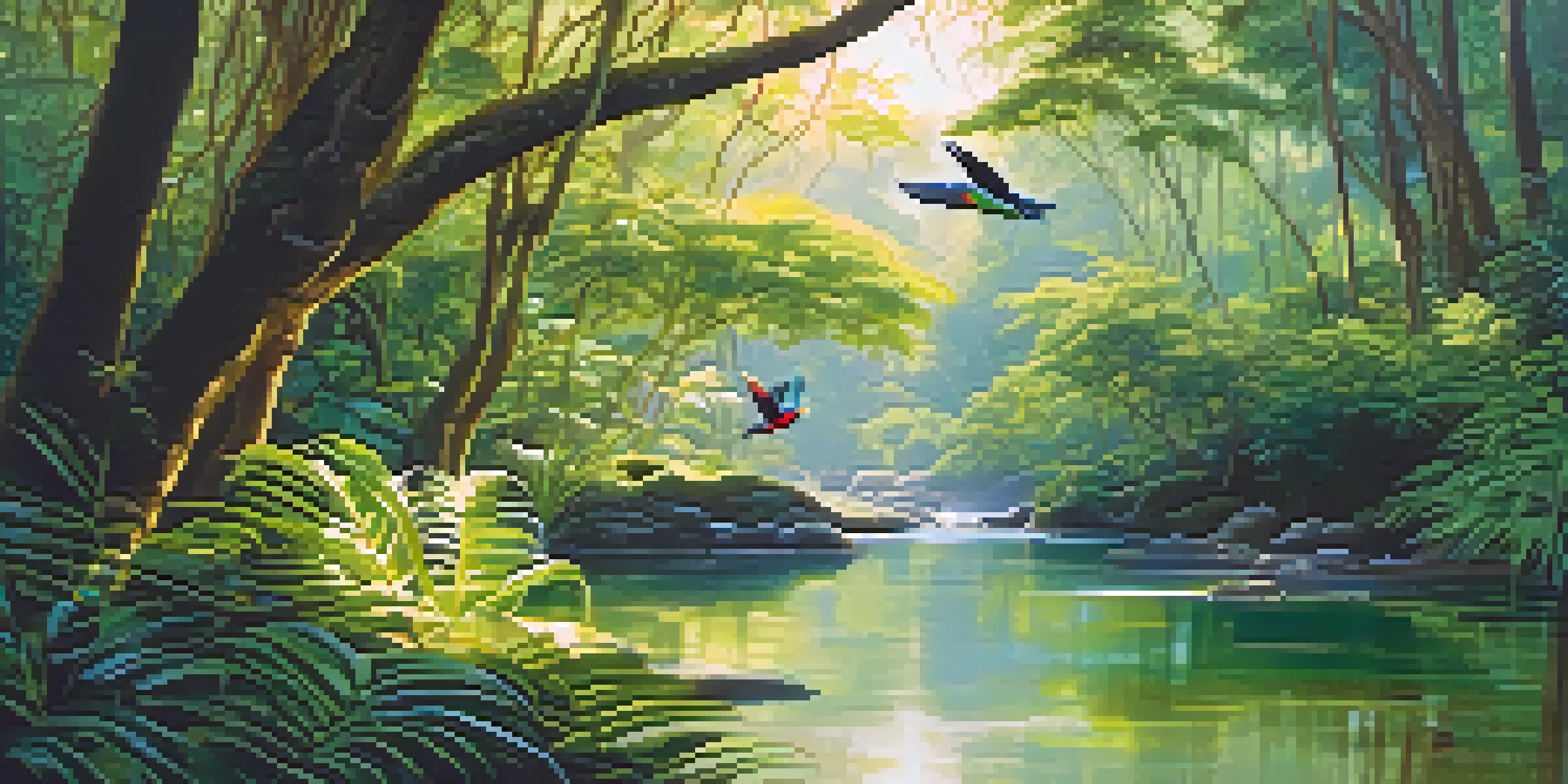 A peaceful rainforest with green plants, colorful birds, and a stream, illuminated by soft sunlight.