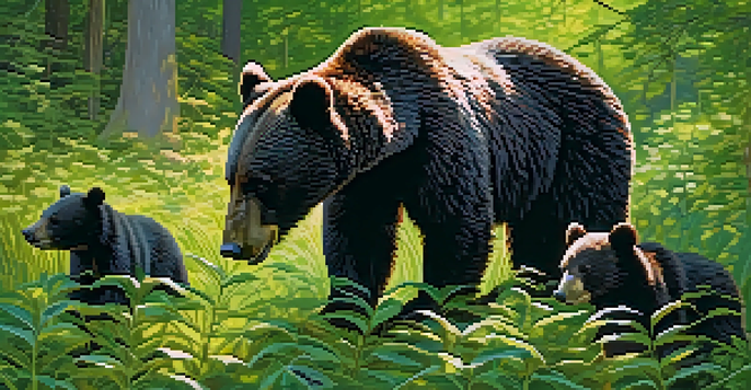 A serene image of a mother bear with her cubs in a forest, sunlight filtering through the trees.
