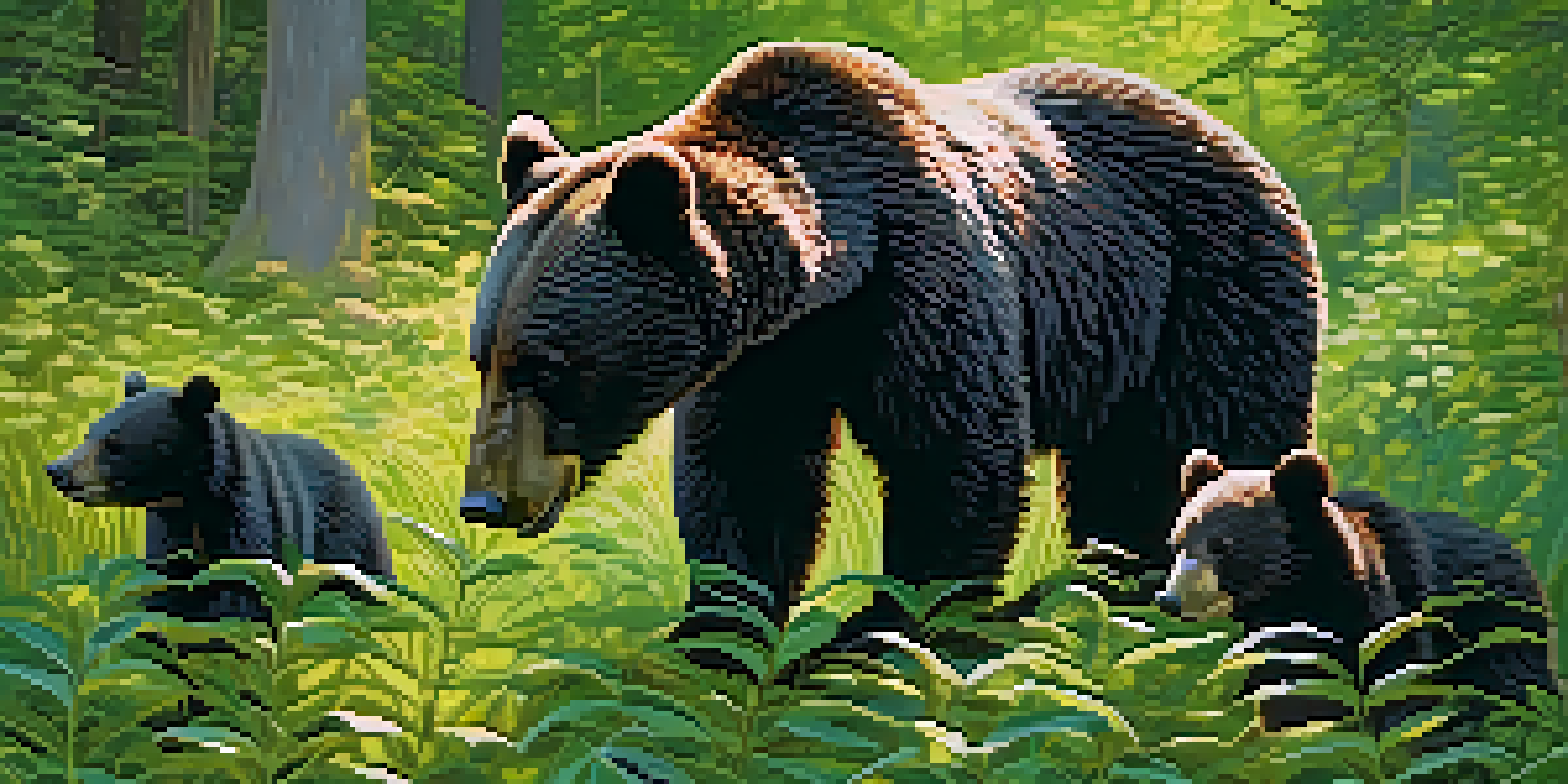 A serene image of a mother bear with her cubs in a forest, sunlight filtering through the trees.