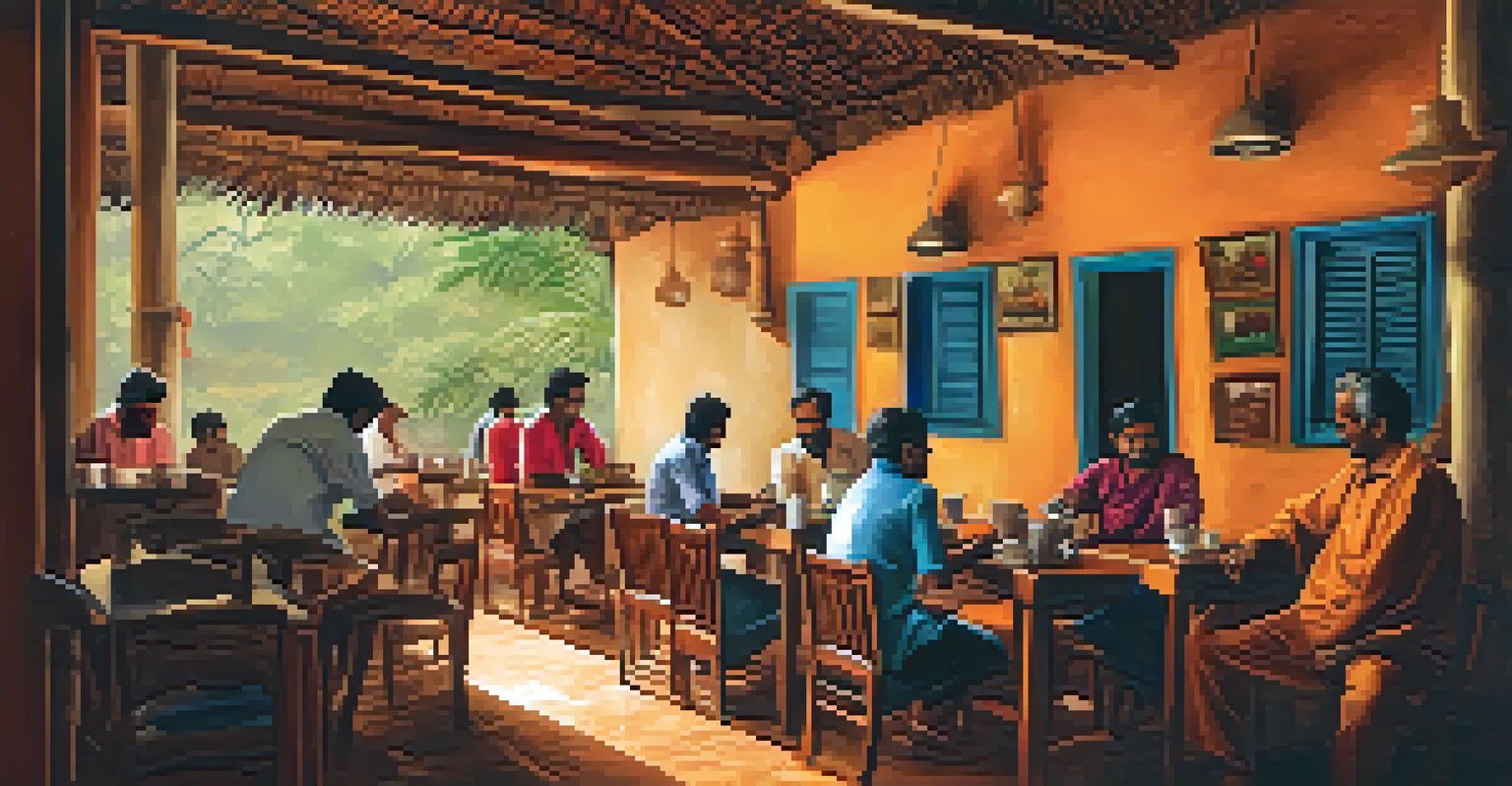 Inside a traditional coffee shop in Kerala, locals enjoy coffee in a warm and inviting atmosphere.