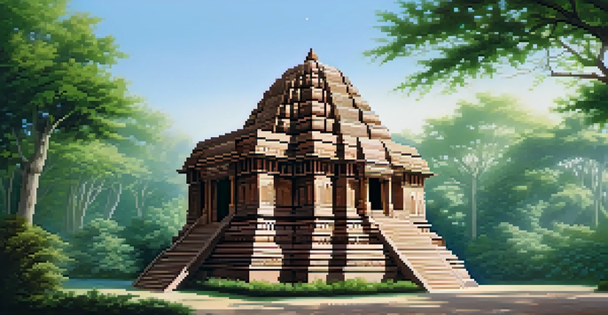 An ancient Indian temple surrounded by greenery with intricate stone carvings, sunlight filtering through trees.