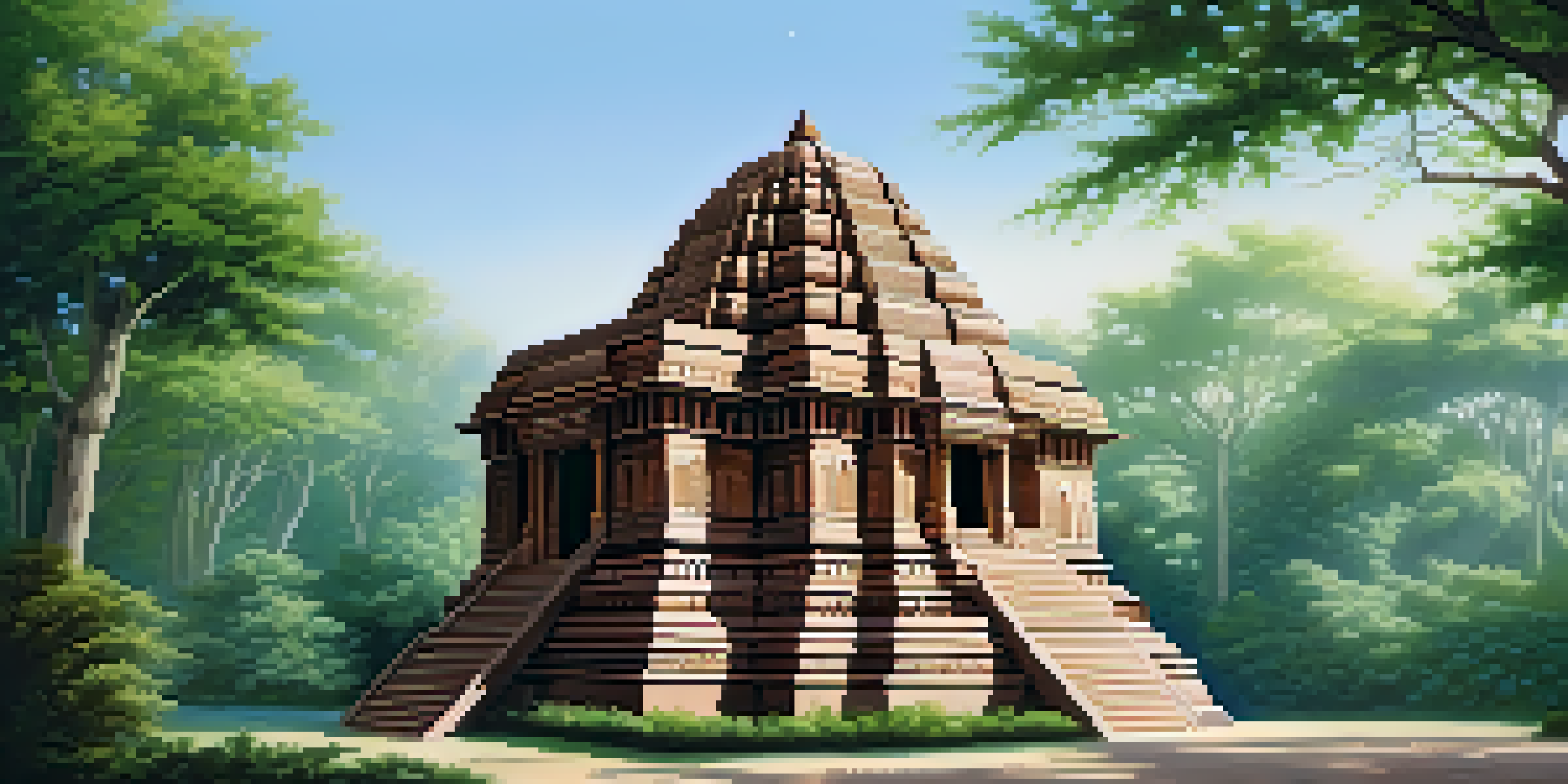 An ancient Indian temple surrounded by greenery with intricate stone carvings, sunlight filtering through trees.