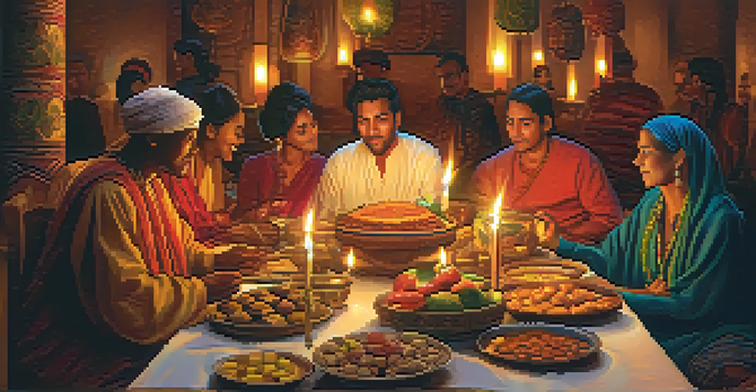 A diverse group of people gathered around a candlelit table during a spiritual festival, sharing food and celebrating together.