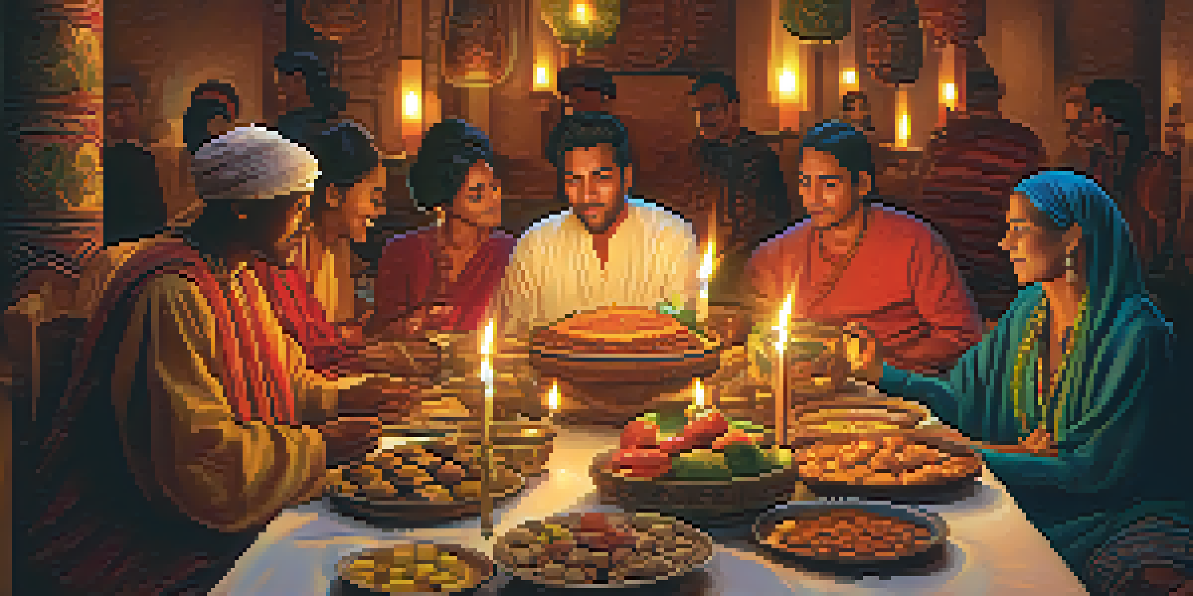 A diverse group of people gathered around a candlelit table during a spiritual festival, sharing food and celebrating together.