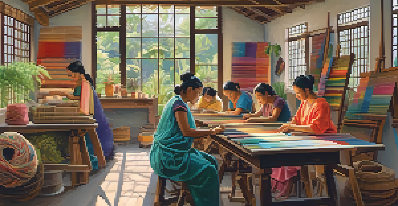 A serene weaving workshop with participants working on colorful looms, surrounded by woven art and a view of a lush garden.