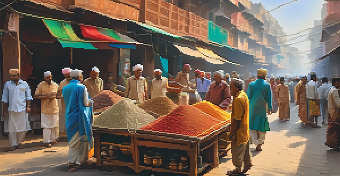 A busy market in Old Delhi with colorful stalls and people interacting.
