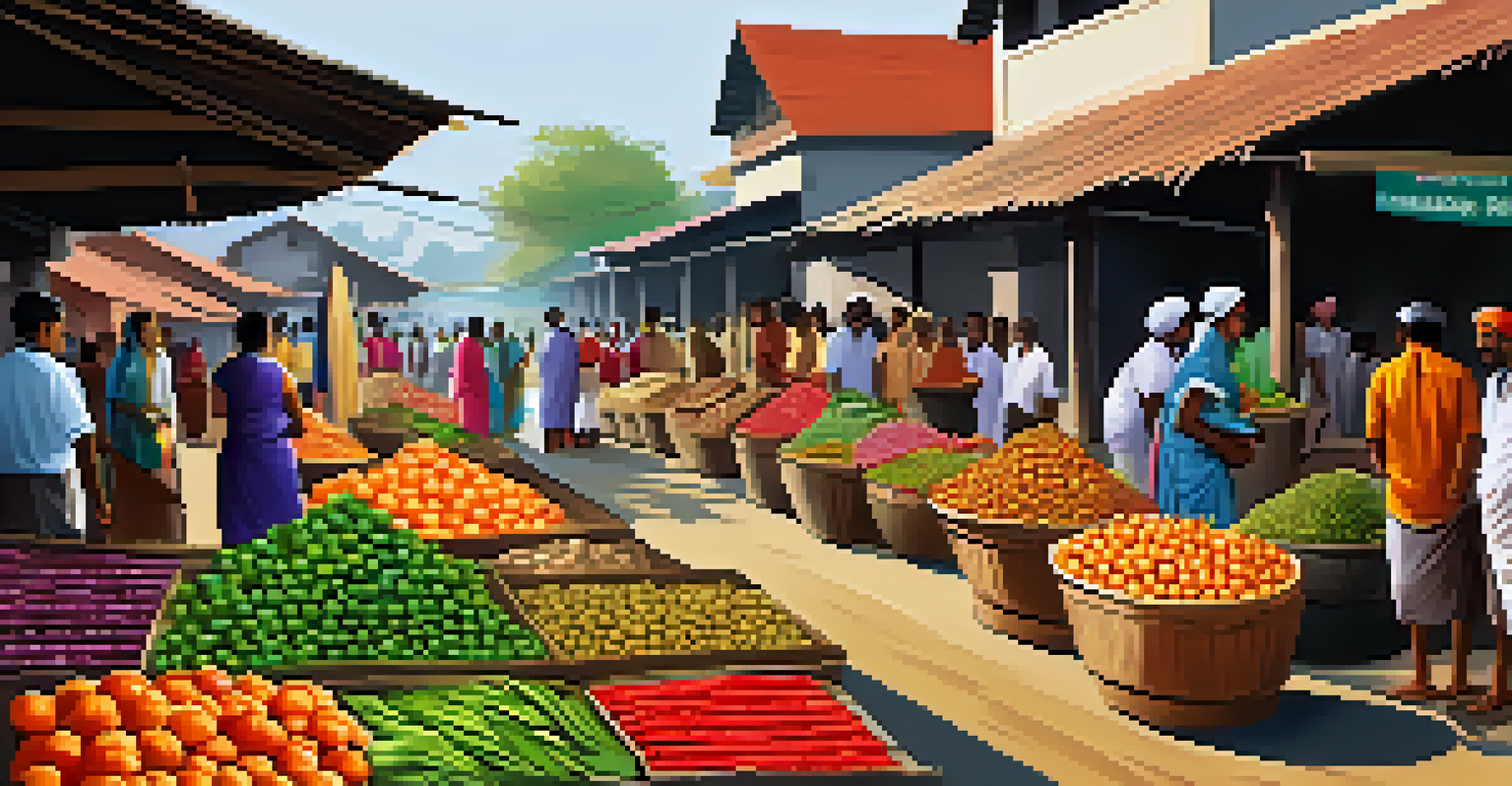 A lively local market in a Kerala village, showcasing fresh produce and crafts, with people interacting.