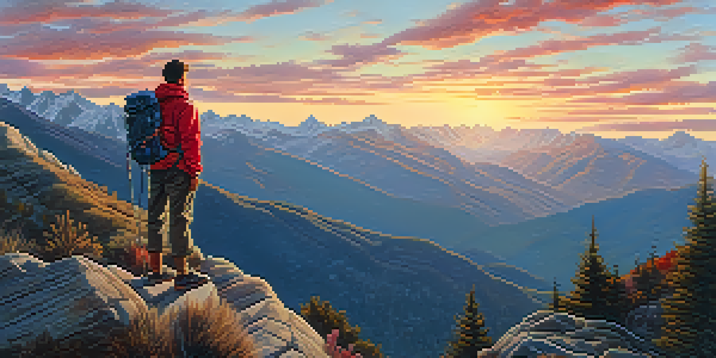 A hiker in a red backpack stands on a cliff edge, overlooking a colorful sunrise over a mountain range.