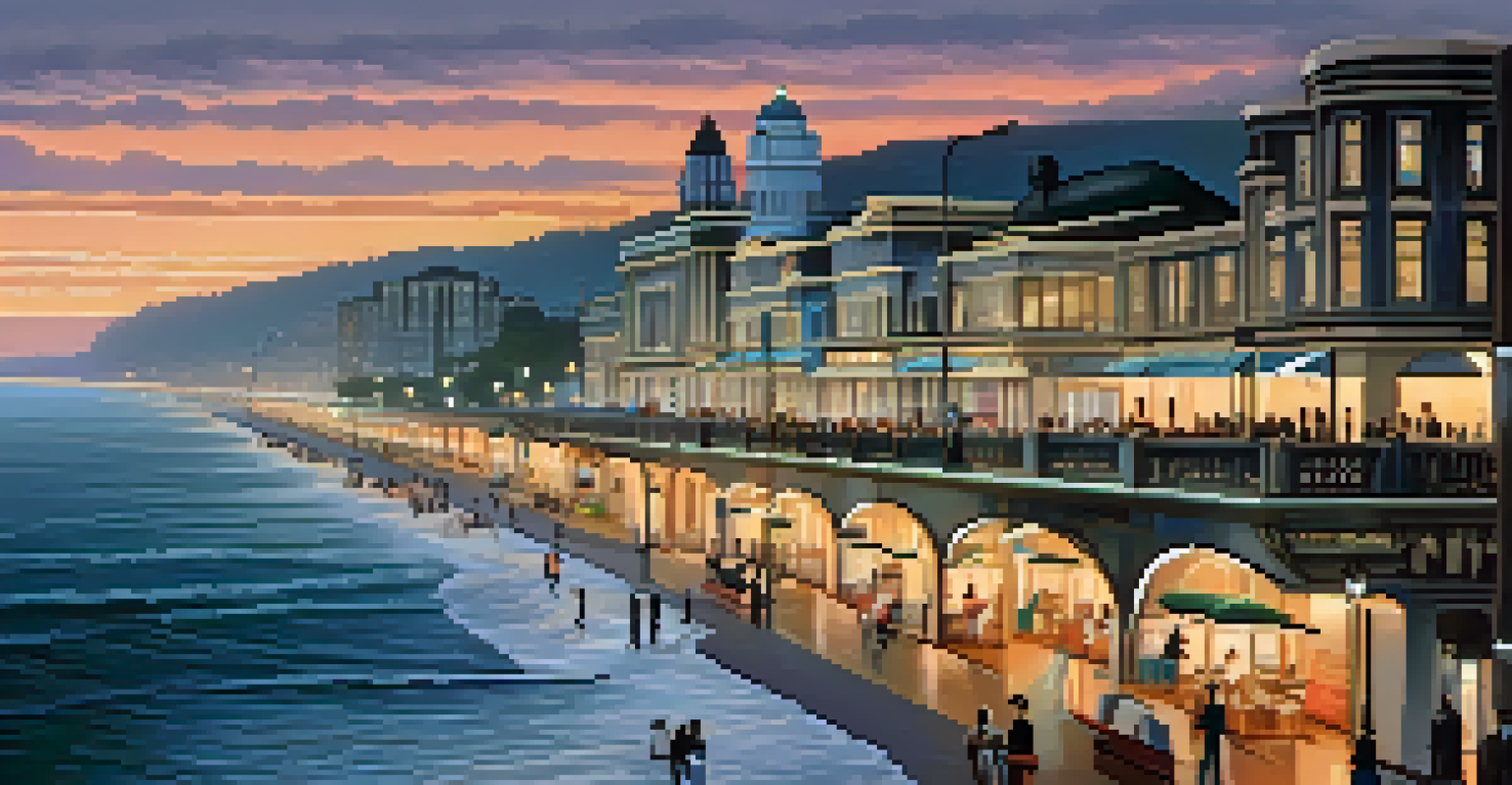 Marine Drive at dusk with Art Deco buildings illuminated and the sea reflecting the lights, as people stroll along the promenade.