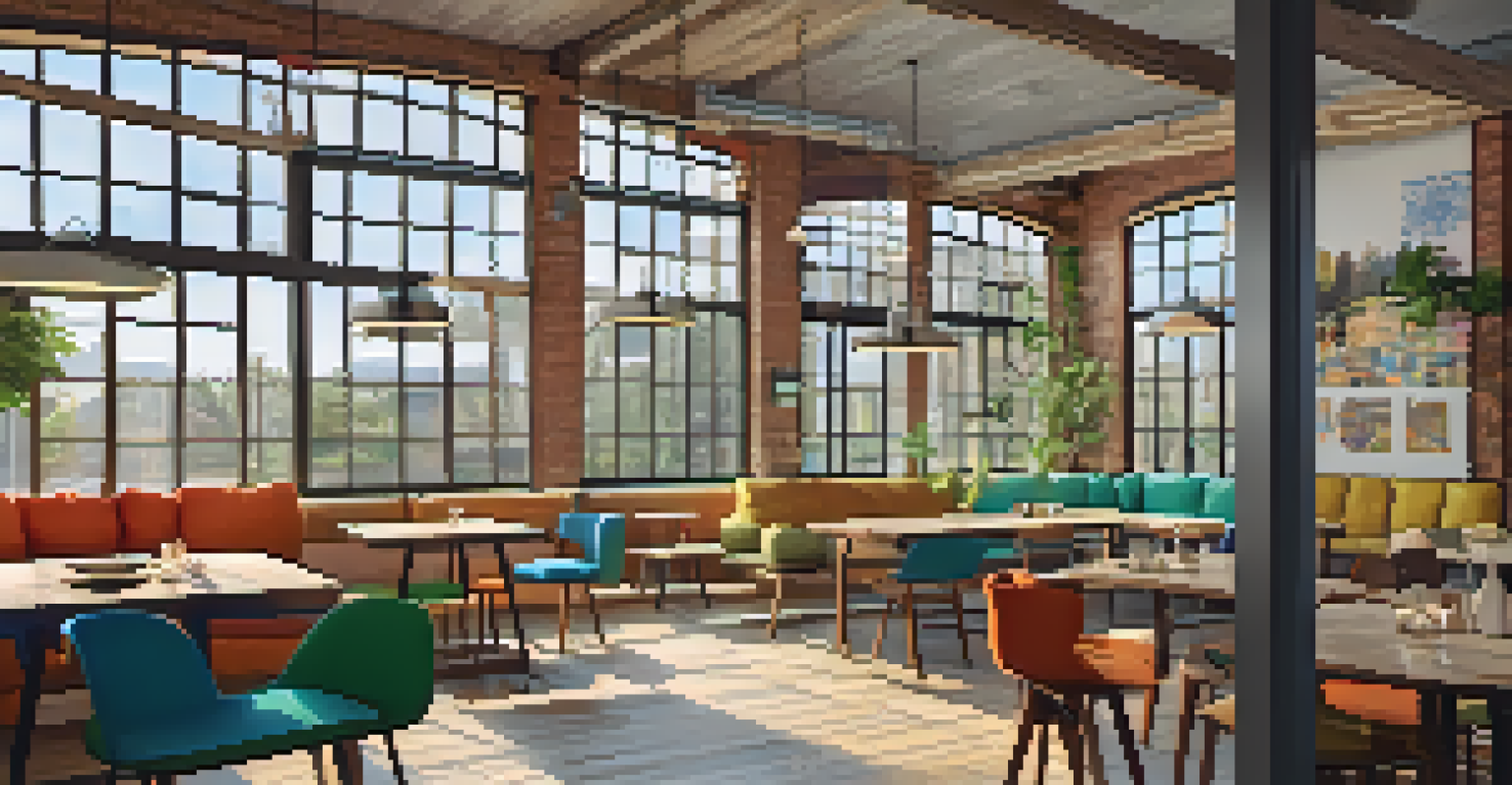 A communal space in a sustainable hostel with local artwork and reclaimed wood furniture, filled with natural light.