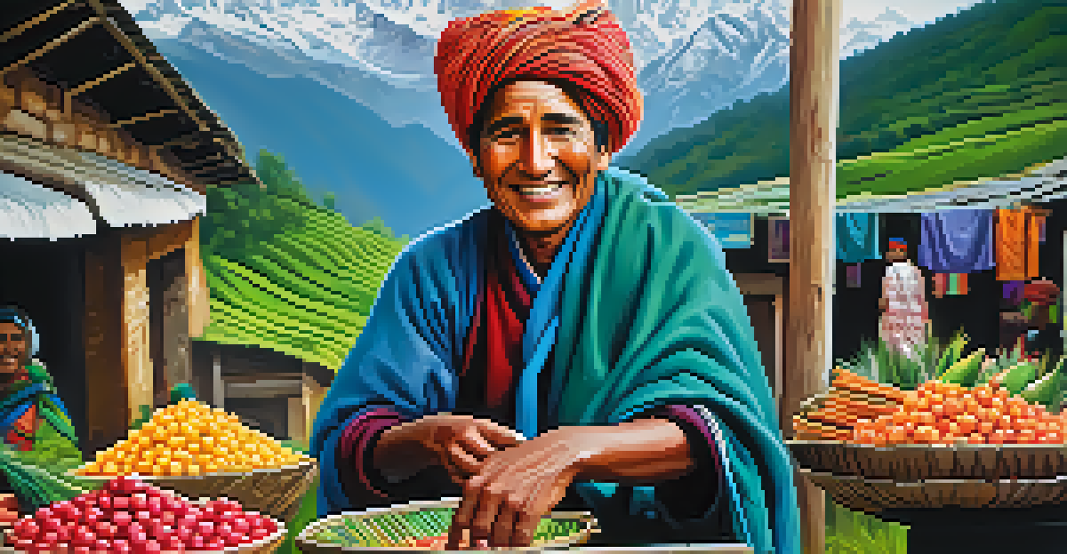A portrait of a smiling villager in traditional clothing against a mountainous backdrop, with market stalls in the foreground.
