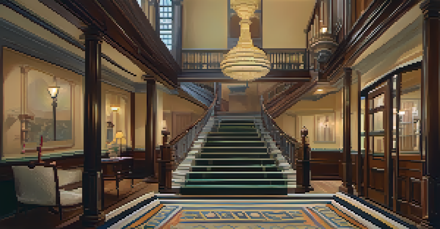 The elegant interior of a heritage hotel featuring a grand staircase, vintage decor, and hand-painted murals.
