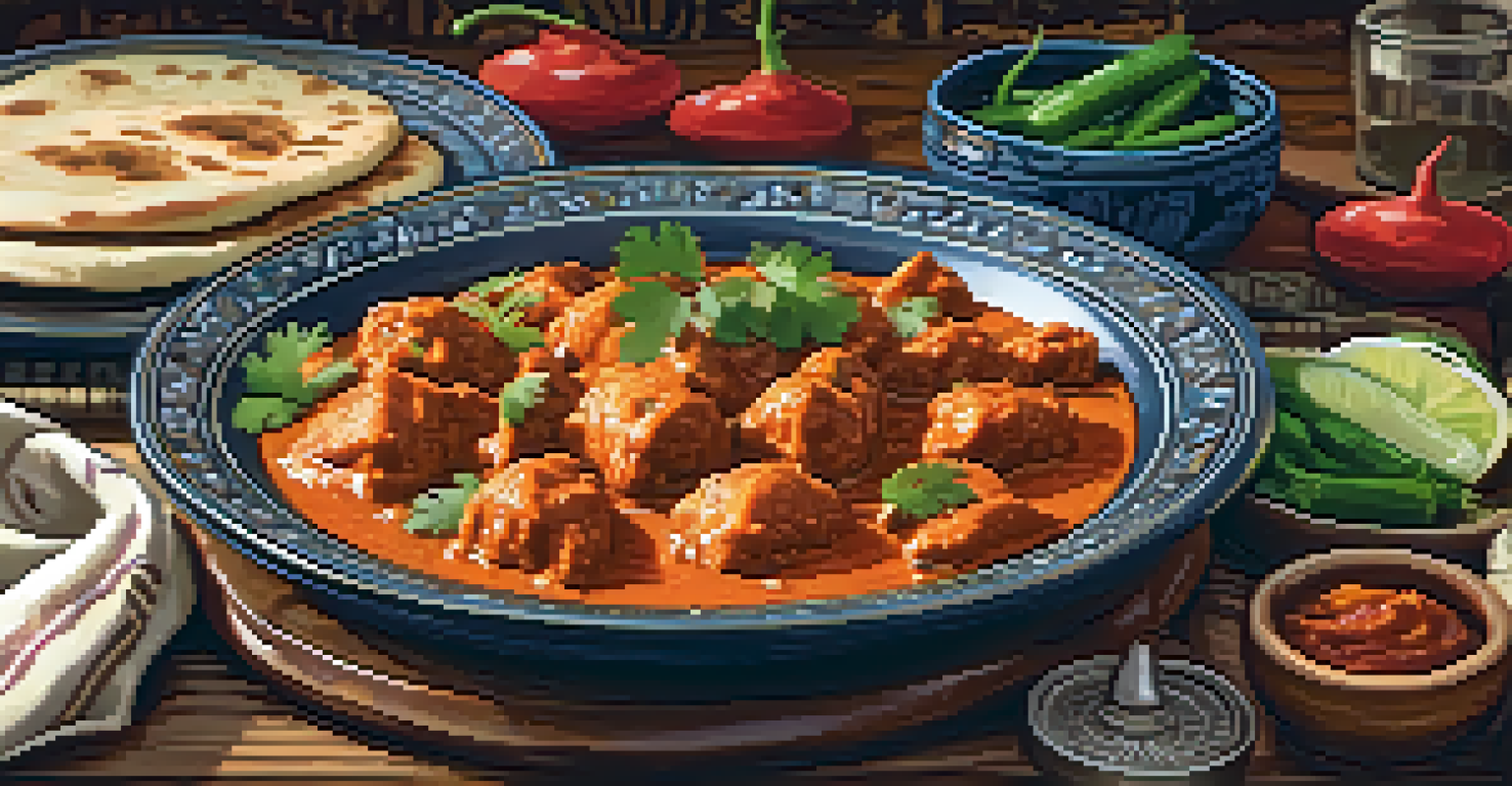 A plate of Butter Chicken with naan and pickles, beautifully arranged on a rustic table.