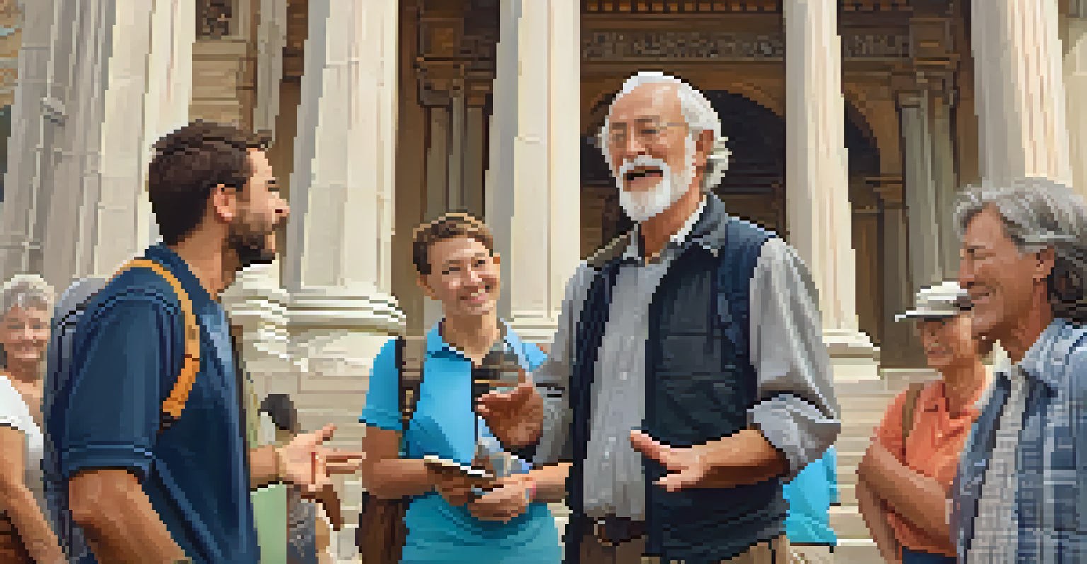 A heritage walk guide engaging a small group of tourists in front of a historical monument, showcasing the guide's passion and the tourists' interest.
