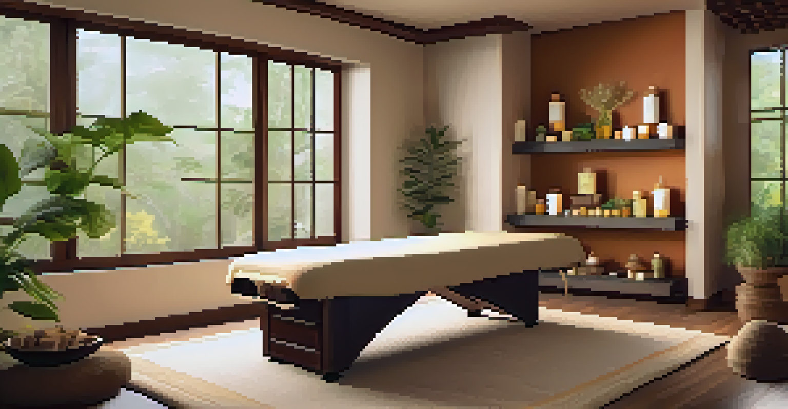 A peaceful Ayurvedic therapy room with a massage table, aromatic oils, and herbal remedies, surrounded by calming decor and soft lighting.
