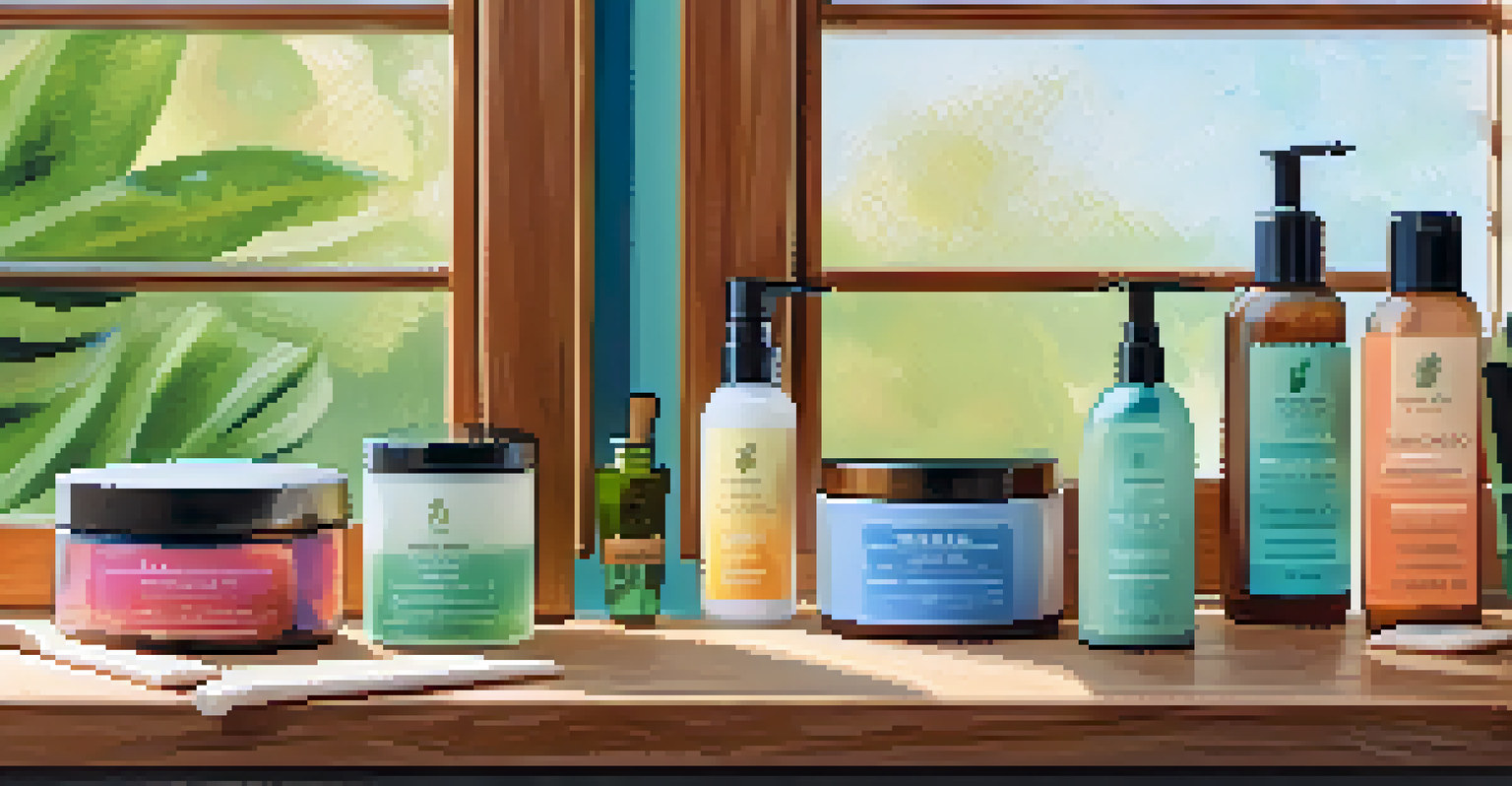An eco-friendly toiletries display with solid bars and refillable containers on a wooden counter.