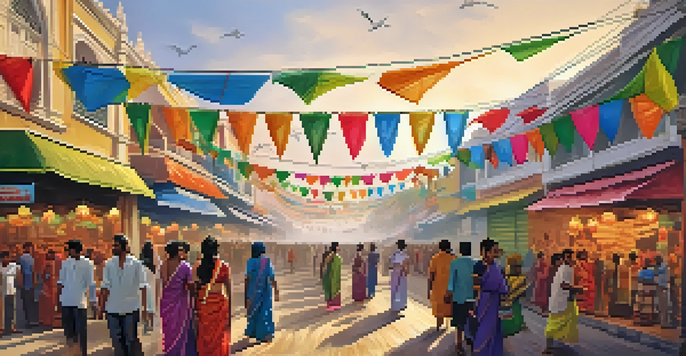 A lively street scene in Chennai during Pongal festival, featuring decorations, food stalls, and families in traditional clothing.