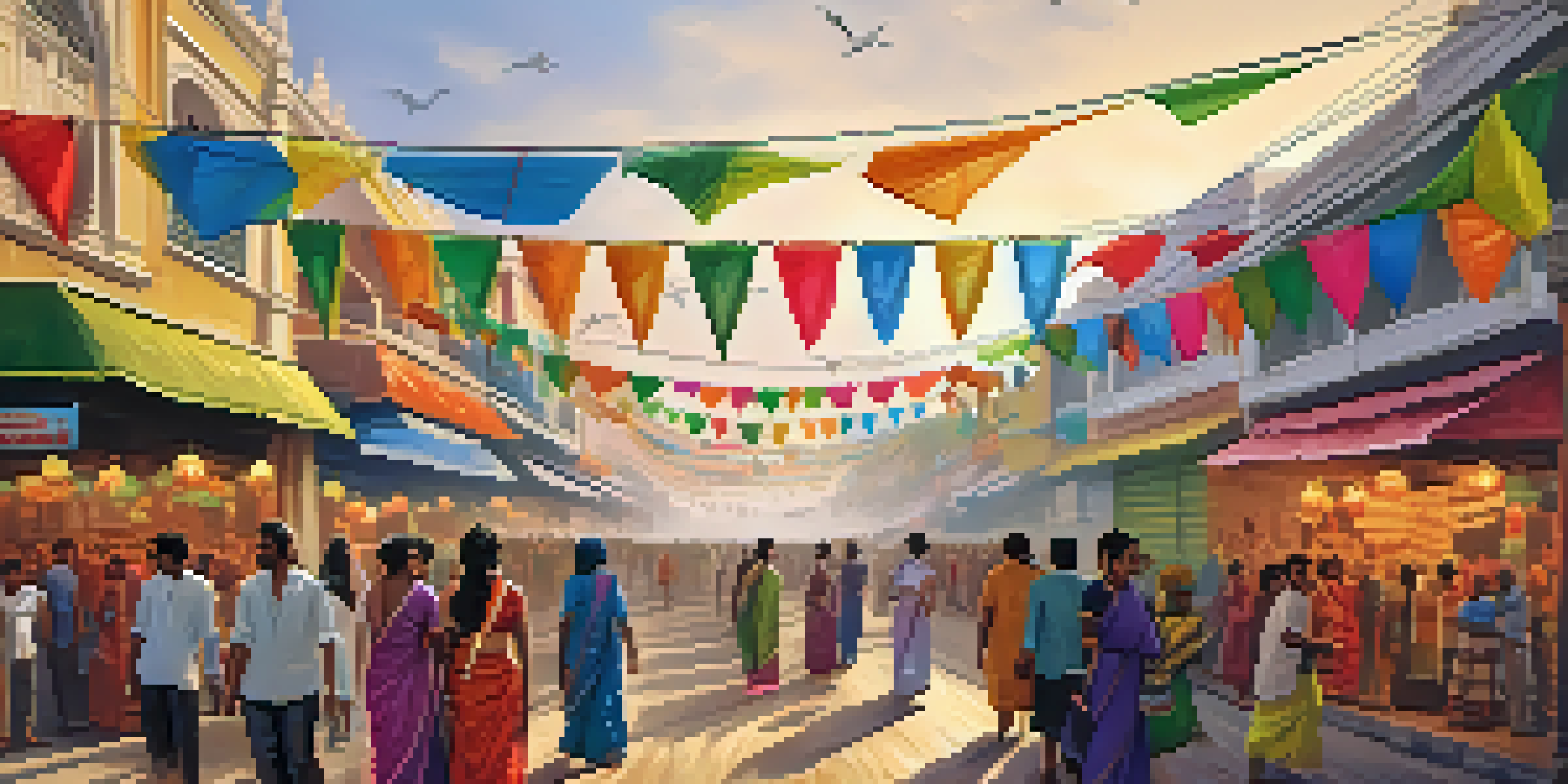 A lively street scene in Chennai during Pongal festival, featuring decorations, food stalls, and families in traditional clothing.