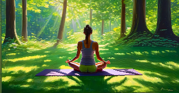 A person practicing yoga in a peaceful forest, surrounded by greenery and sunlight filtering through the trees.